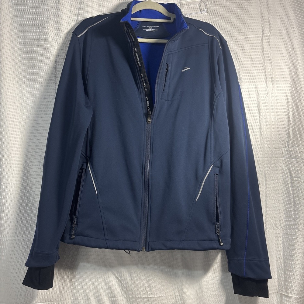 Brooks Large Navy Blue Utopia Soft Shell Jacket Thumb holes Reflective Running